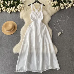 Abito lungo bianco estivo per donna Sete incrociate Elegante vita alta femminile Vacanza al mare Abiti midi Backless Boho