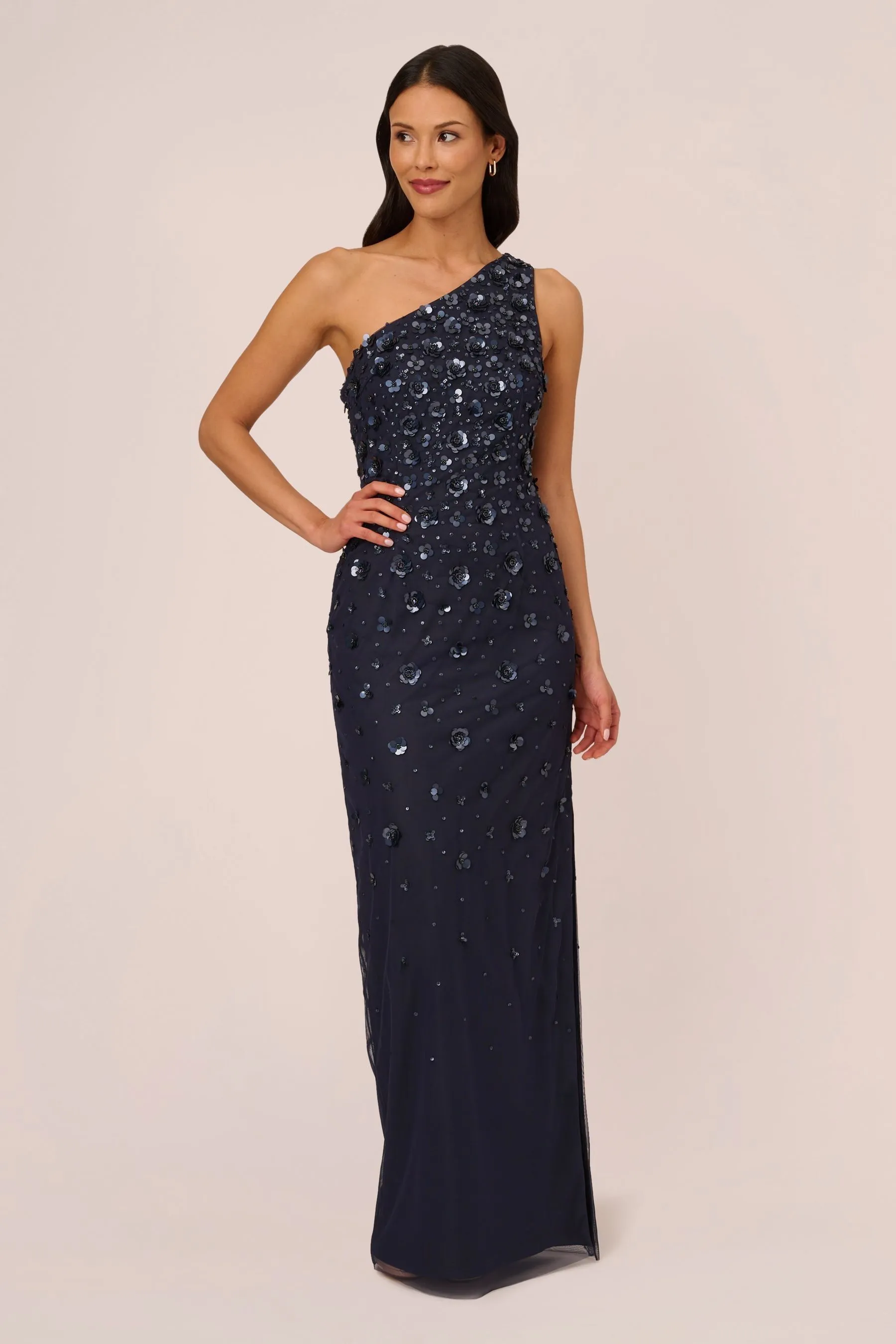 Adrianna Papell Blu - Abito lungo monospalla con perline