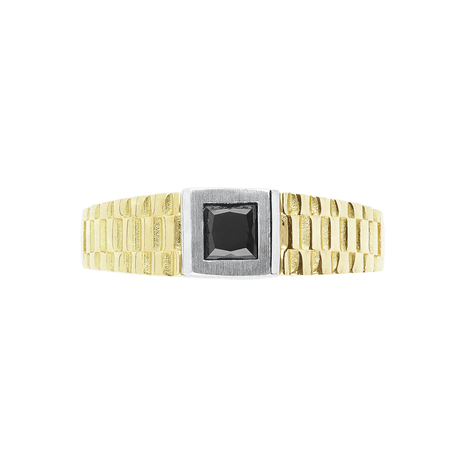 Anello chevalier in oro giallo e bianco 18k e pietra nera