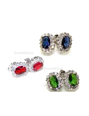 Argento 925 : orecchini donna stud bottone oval pietra verde blu rossa 9x7mm zirconi