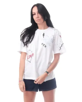 LOVE MOSCHINO T-Shirt Donna W4F87 47 M3876 A-EE Cotone ricamo disegni love sket A00 OPTICAL WHITE
