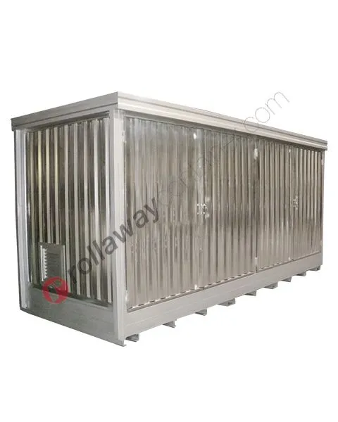 Modul container per fusti a pavimento in acciaio con vasca di raccolta e porte battenti