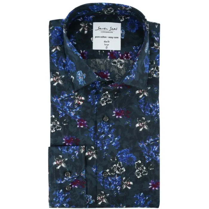 Shirt Seven Seas Slim Fide Grey/Blue Flowers